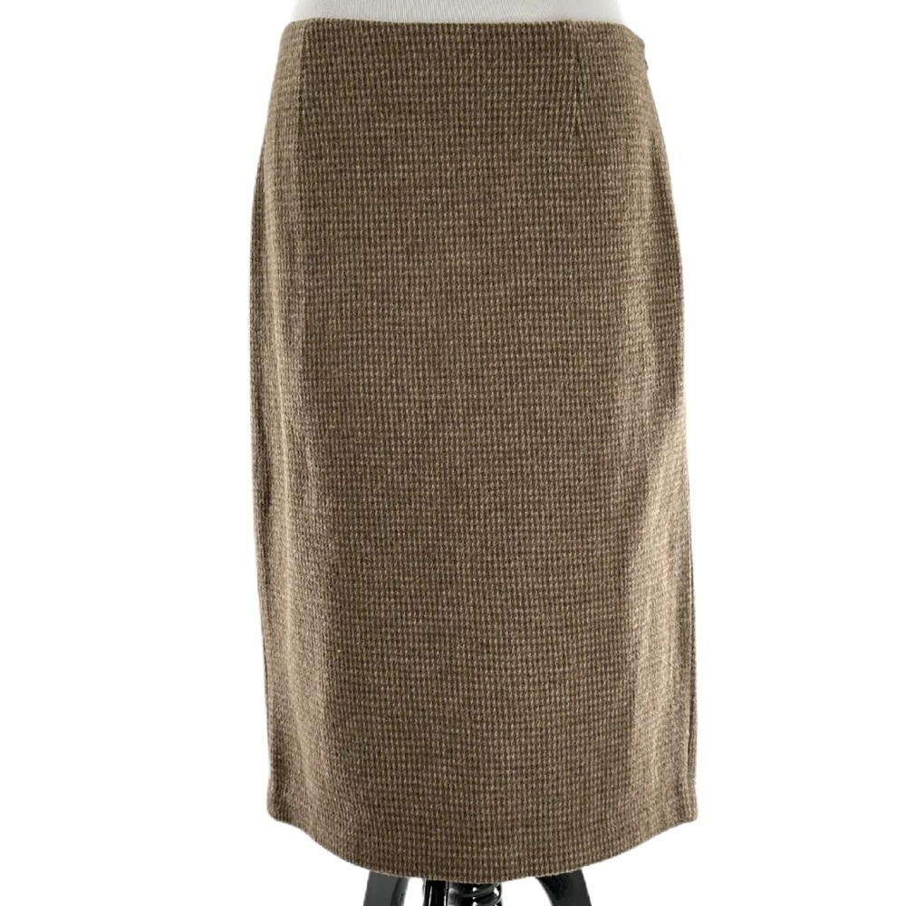 Ralph Lauren blue label skirt size 8 brown beige 100% wool houndstooth pencil